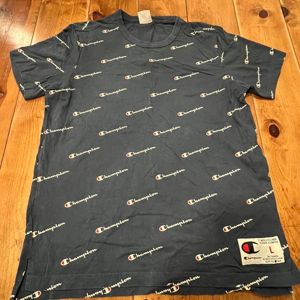 Champion Mens Navy Blue All Over Script Logo Print T-Shirt Size L